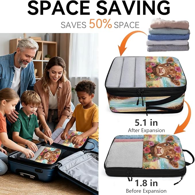 Funny Highland Cow 6 Set Compression Packing Cubes Rustic Farmhouse Bull Animal Expandable Packing Organizer for Travel Accessories Luggage Suitcase Bag