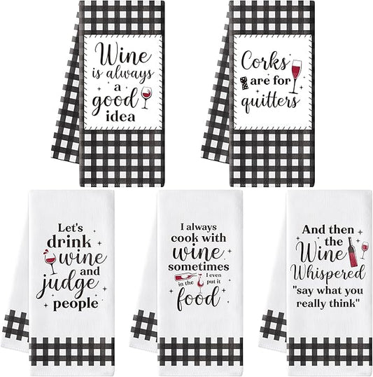 R HORSE Funny Kitchen Dish Towels - 5Pcs Funny Wine Kitchen Hand Towels, Cute Absorbent Cleaning Dishcloth Bathroom Home Decor for Wine Lovers Girls Women Hostess Housewarming Gifts