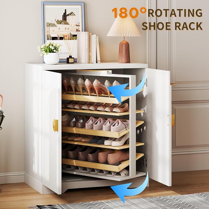 Vlsrka Rotating Shoe Storage Cabinet with Doors and 6 Tier Shelves, White | Suitable for 18 Pairs Shoe Organizer, Freestanding, Pull Out Shoe Rack, Wooden Entryway Cabinet for Hallway, Closet, Indoor