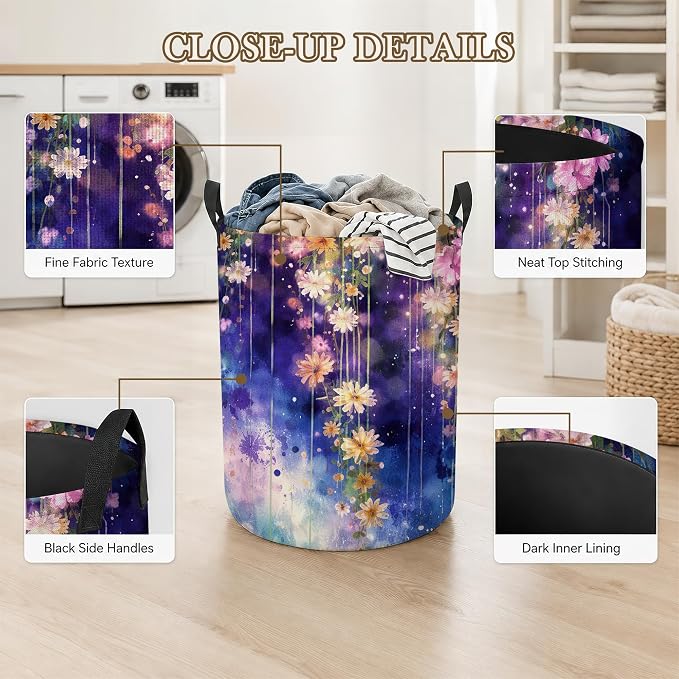 Laundry Hamper, Colorful Flowers Collapsible Blue White Laundry Baskets Waterproof Oxford Cloth With Handles, Clothes Storage Bucket For Bathroom/Bedroom 16" x 20.8"