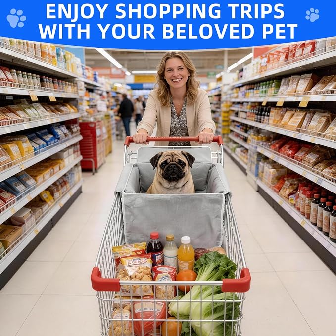 Dog Shopping Cart Cover with 2 Side Pockets, Soft Padded Pet Cart Seat Cover with Sponge Cushion, Foldable Shopping Cart Liner with Carry Bag, Fits Most Shopping Carts