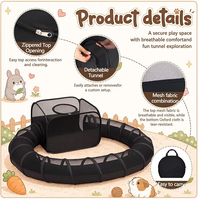 Lewtemi Guinea Pig Playpen with Tunnel 27.5x27.5x16.5 Inch, Breathable Mesh Rabbit Playpen for Bunny Hamster Ferret Chinchilla, Foldable Small Animal Enclosure Indoor Outdoor with Carry Bag, Black