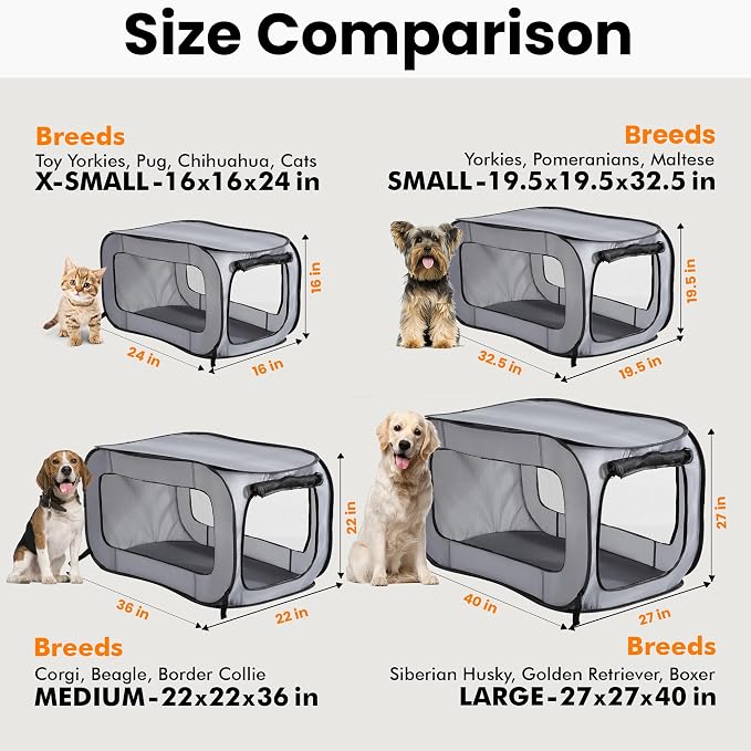 Portable Collapsible Pop Up Kennel, 40" L x 27" W x 27" H, Gray | Collapsible indoor/outdoor travel cat and dog crate with mesh screen windows pops up and folds flat for easy storage
