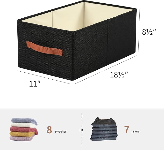 linen closet organizers and storage, 3 Pack Large Storage Baskets, Washable, Clothing Storage Bins with Handle, Closet Organizer for Storage Sweater,Sheets (Black, 18½"x11 x8½)