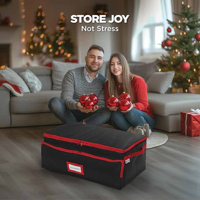 Premium Christmas Ornament Storage Box – Holds up to 72-3” Ornaments + 6 Side Slots for Figurines & Nutcrackers – Holiday Decoration Organizer – Durable 600D Black Canvas