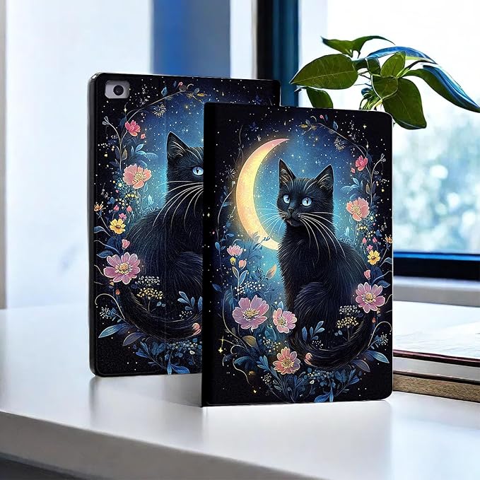for Microsoft Surface Pro 11/10/9-13" 2024/2022 Tablet Case,Auto Wake/Sleep,Adjustable Stand Protective Cover - Black Cat Moonlight Floral