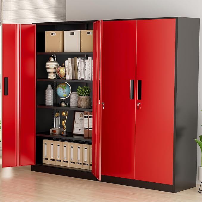 Greenvelly Metal Storage Cabinet with Doors and Shelves, 72" Inch Locking Metal Cabinet,Garage Storage Cabinet for Garage Office School Warehouse (Black Red)