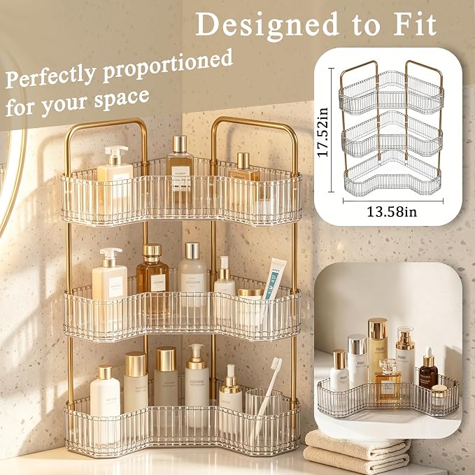 3-Tier Corner Bathroom Organizer, Skincare Vanity Counter Shelf Clear | Premium PET Perfume Display Stand with Gold Metal Rods, Space-Saving 90 Degree Storage Rack for Dresser