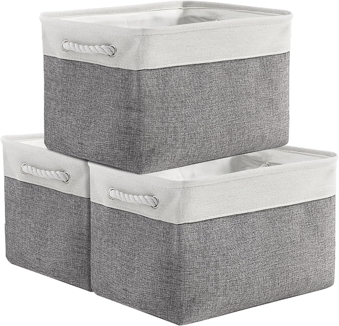 Organization and Storage Basket for Organizing - 3 Pack 16x12x12 inch Cube Storage Bin Fabric Storage Cubes for Organizer Cloth Gift Toy Closet (White & Grey)