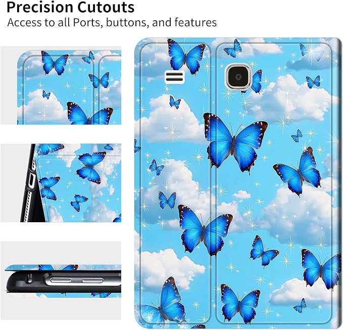for Samsung Galaxy Tab E 9.6" 2015 SM-T560/T561/T567 Case | Slim Leather Smart Cover with Multi-Angle Anti-Slip Stand [Auto Wake/Sleep] Shell for Women Men - Blue Butterfly White Cloud