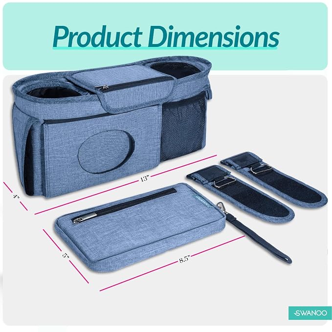 Swanoo Stroller Caddy Organizer, Cup Holder, Wipes Pocket, Non-Slip, Blue