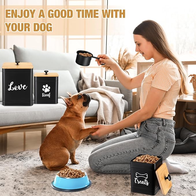 Jingmore Metal Dog Treat Containers Set of 3 with Bamboo Lids and Spoon Airtight 7+3+2 lbs Dog Food Snack Jars with DIY Labels Big Pet Cookie Storage Jar for Kitchen Counter(Black,Classic)