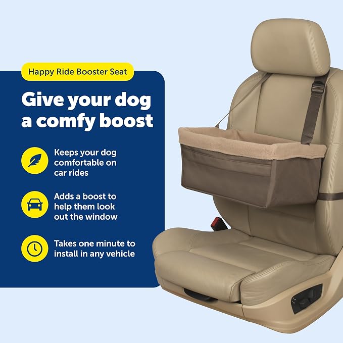 PetSafe Happy Ride Dog Booster Seat, Brown, Up to 12 lb | Raises Small Dogs to Window Height In Most Cars, Connects to Seatbelt with Safety Tether, Fleece Liner Is Machine Washable