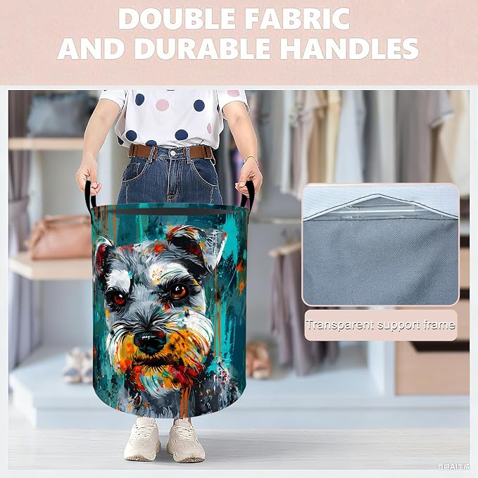 Colorful Schnauzer Dog Laundry Basket Hamper 19.7"x15.8", Organizer Bins Gifts for Women Men Adults, Pet Foldable Waterproof Oxford Clothes Storage Bucket for Bedroom Bathroom Decor