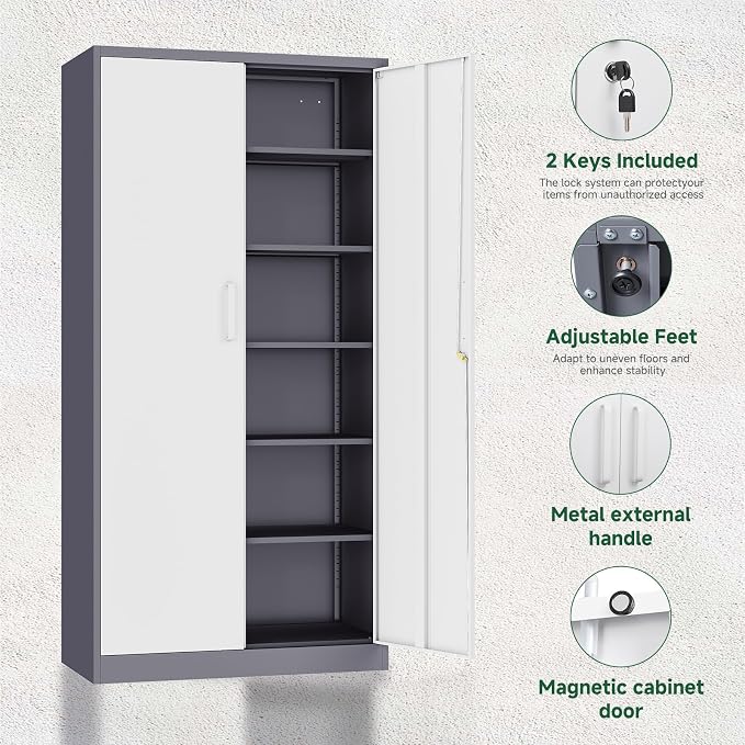 Metal Storage Cabinet with Lock Door and 5 Shelves,6 Tier Steel Garage Tool Cabinet for Home Office Utility Room 72" H X 36" W X18 D (White Gray)