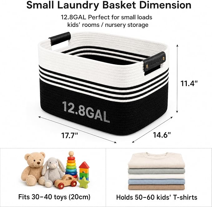 Cotton Rope Laundry Basket Small, 12.8GAL Collapsible Woven Storage Baskets for Living Room Kids Toys Stuffed Animal,Boho Rectangular Decorative Short Hamper for Dirty Clothes, Blankets White Black