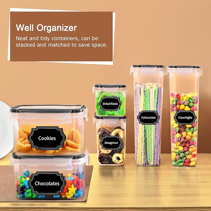 PRAKI Airtight Food Storage Containers Set, 16 Pcs BPA Free Plastic Dry Food Canisters for Kitchen Pantry Organization and Storage Ideal for Cereal, Flour & Sugar - Labels, Marker(Black) | Kitchen Storage Containers for Pantry Organizers and Storage - ...