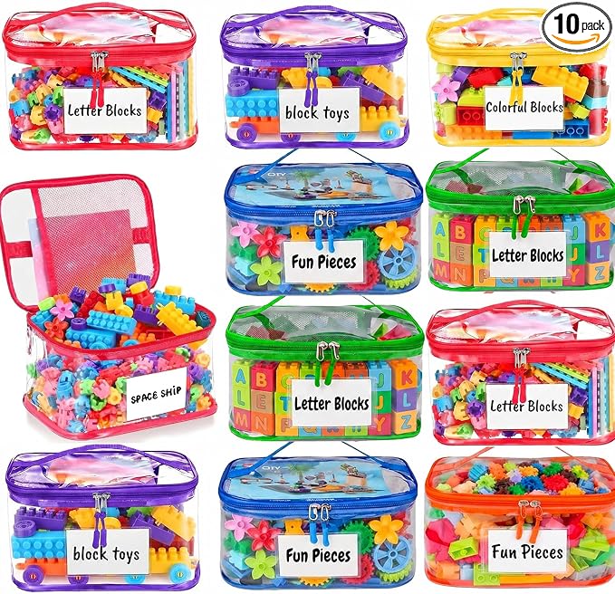 10 Pack Clear Toy Storage Bags, Kids Toy Organizer with Zipper, Waterproof PVC, Large Capacity for Puzzles, Blocks & Board Games, Easy Sorting with Labels