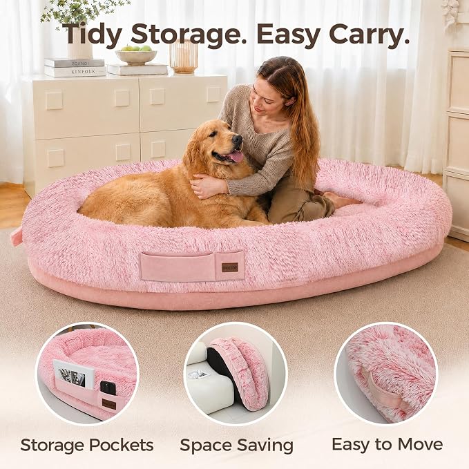 Human Dog Bed for Adult, 71"x48" Large Pet Dog Bed, Pink | Adult Dog Bed for Humans with Pillow & Blanket, Fluffle Cloud Dog Bed with Orthopedic Foam Bolster, Durable Zipper, Portable