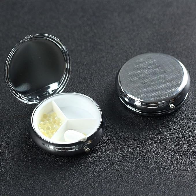 Small Travel Pill Box, Yellow Grey Gray Patterns Round Metal Organizer, 3-Compartment Case for Fish Oil, Pocket Purse Dispenser for Vacation