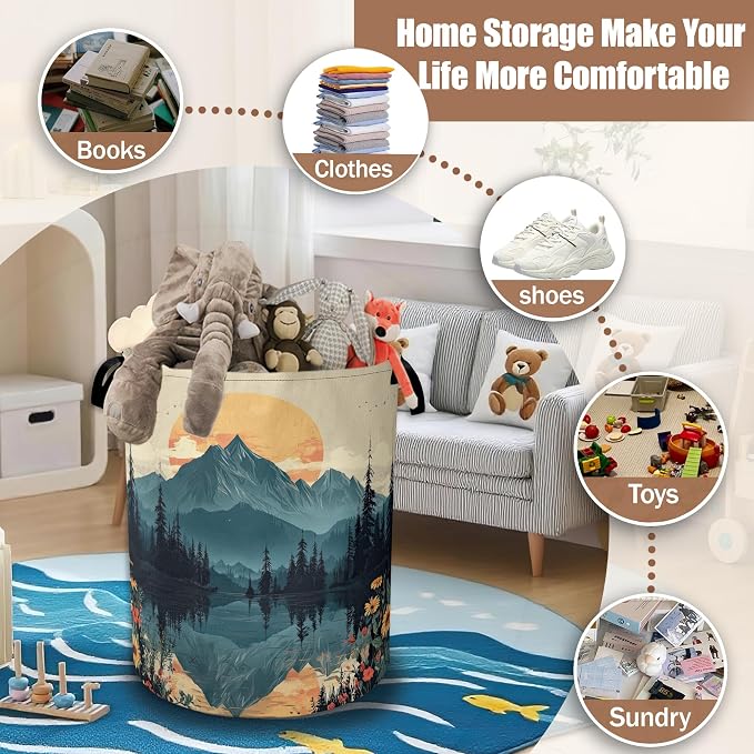 Mountain Sunset Lake Landscape Laundry Basket, Collapsible Waterproof Oxford Laundry Hamper with Handles, Clothes Storage Bin Toy Organizer for Bathroom/Bedroom/Dorm 16 x 20.8 Inch
