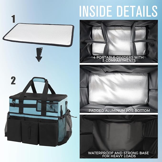 SCAVATA Rolling Cleaning Caddy Bag with Detachable Trolley, Large Cleaning Supplies Organizer with Wheels, Multi Pocket Cleaning Cart with Adjustable Shoulder Strap for Housekeepers & Home, SkyBlue