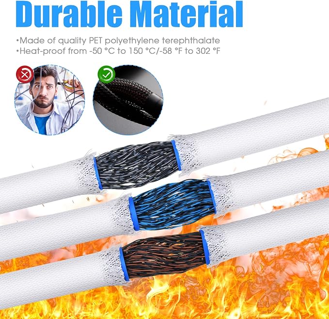 Tatuo 65.6 ft Braided Cable Sleeve Expandable Wire Sheathing(White) | with 120 Heat Shrink Tubing 1/4 in 2/5 in 1/2 in 3/4 in Wire Sleeve Cord Management for Television Audio Computer Video Pets