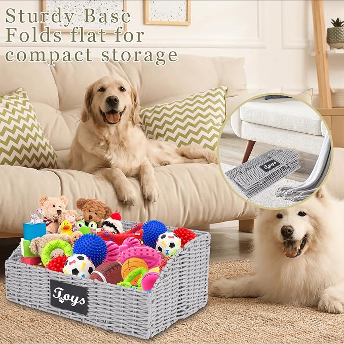Dog Toy Basket,Cat Toys Bin,Woven Storage basket for Dog Cat Toys,Foldable Dog Toy Box for Living Room Area,Pet Organizer with Wire Frame,Ideal for Pet Accessories(Gray)