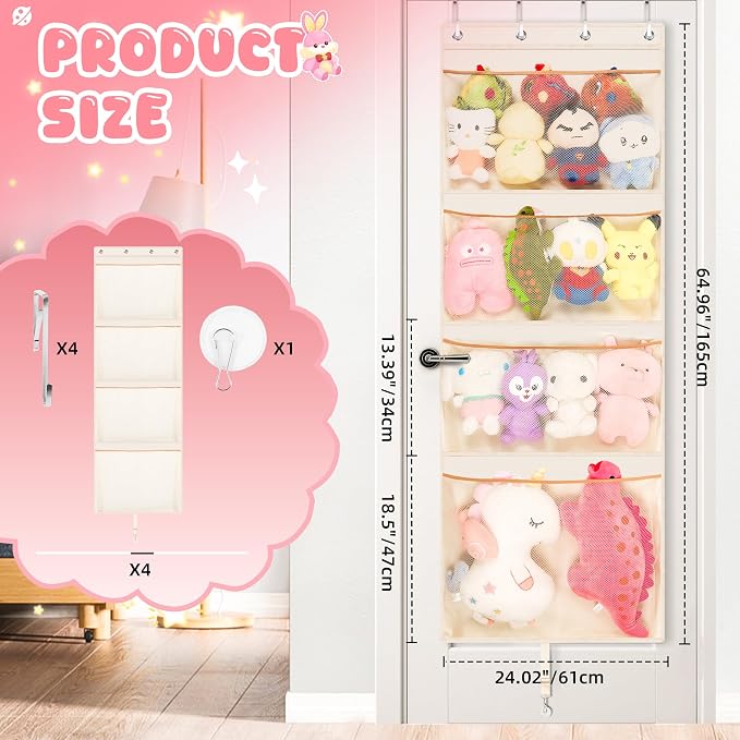 Over the Door Stuffed Animal Storage , 65" Hanging Mesh Toy Organizer with Support Rods & 4 Large Pockets, Extra Large Space-Saving Nursery Hammock for Plush Toys & Dolls with Meat Hook Beige