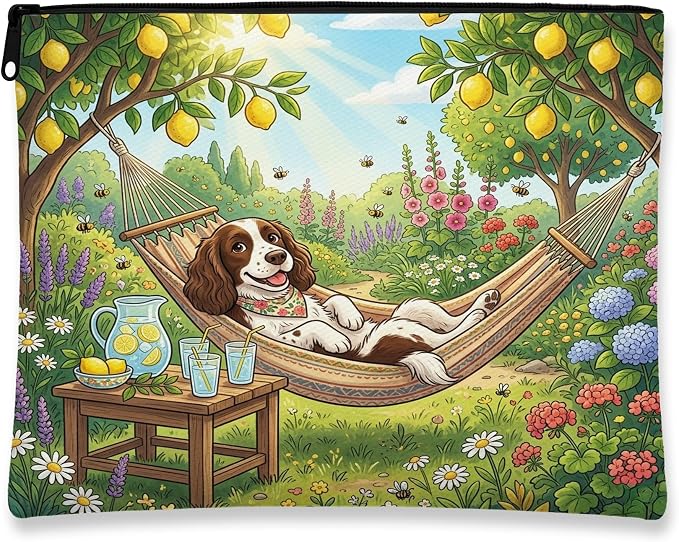 Springer Spaniel Dog Makeup Bag, Country Lemon Floral Plant Cosmetic Travel Pouch for Women, Gifts for Girls, Pet Portable Small Canvas Zipper Organizer 7x9 Inch