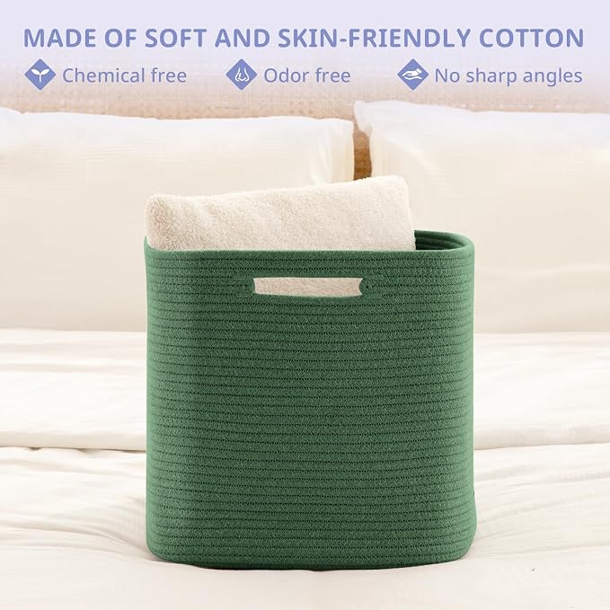 OIAHOMY 3 PACK Cube Storage Bin 13 Inch Collapsible Storage Cube Green | Cube Storage Organizer Storage Bins for Shelves Baskets for Organizing Woven Rope Storage Baskets