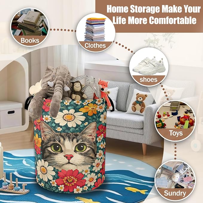 Cute Cat Laundry Baskets,Blooming Colorful Flowers Laundry Hamper,Storage Basket with Handles for Bathroom Bedroom College Dormitory Living Room Nursery Organizer 16"x20.8"