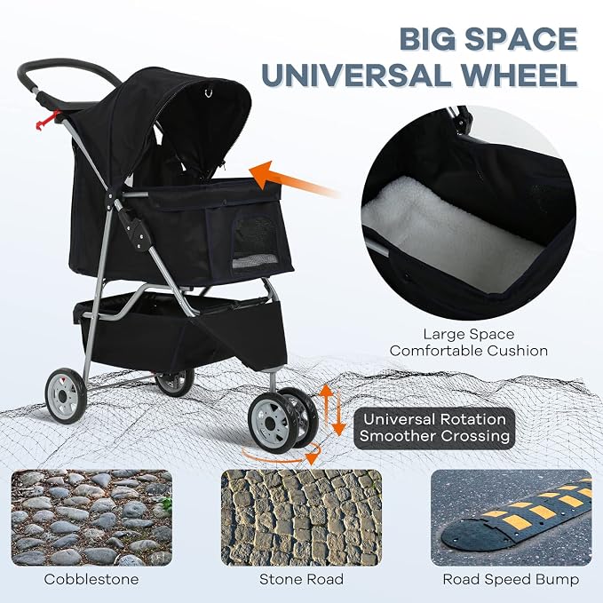 HCY Dog Stroller, Pet Stroller Wheels Carrier Strolling Cart Travel Folding Cart for Puppy Small-Medium Dog, Cat (Black), 18.5 x 33 x 38.5 (inch)