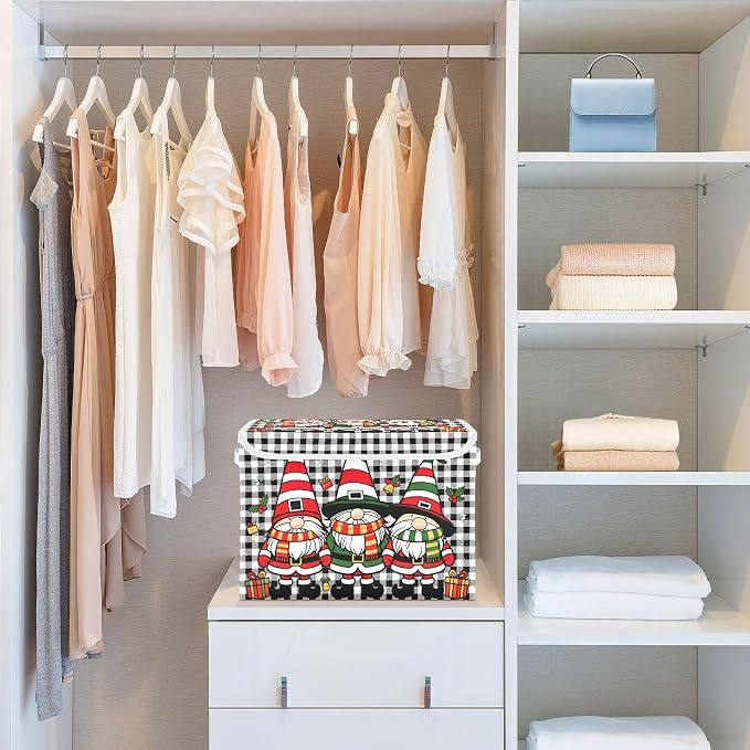 Red Christmas Fabric Storage Bins with Lid Closet Storage Basket 40L | Decorative Storage Boxes, Dust-Proof Flip Top, Reinforced Handles, For Home & Bedroom, Clothes & Toy Box, Christmas Print