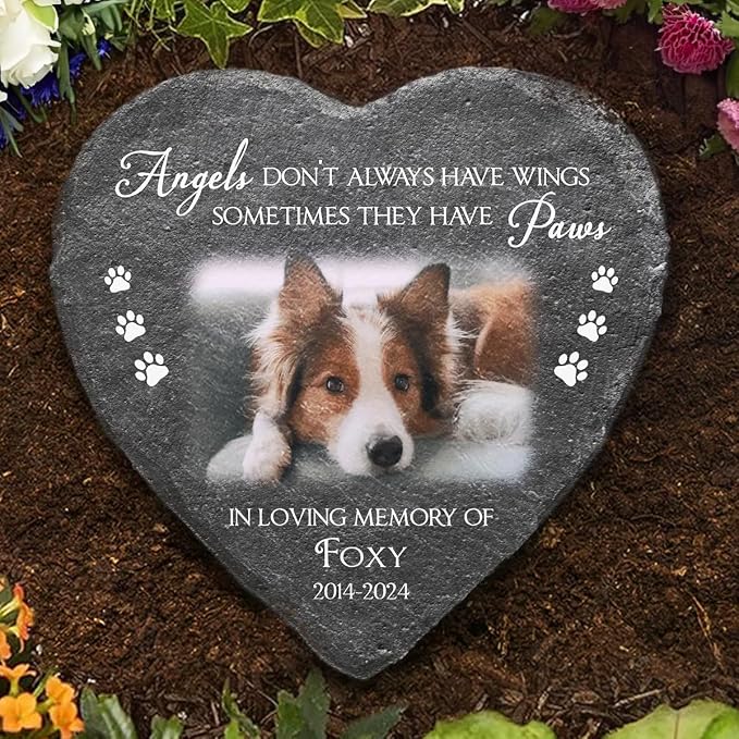 Wrappiness Pet Memorial Stone - Angels Sometimes Have Paws, Personalized Dog Memorial Gifts, Remembrance Condolence Bereavement Gifts for Loss of Pet Custom Photo (Heart 03, Stone with Stand)