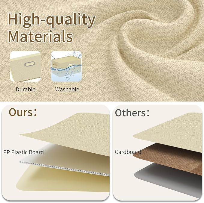 Storage Bins with Metal Grips,Grey and Beige,10.2x7.9x6.7in,2 Pack | Fabric Storage Baskets with Soft Cloth Handles,Thick PP Panel Wardrobe Containers,Wipeable Open Boxes for Closet Shelves