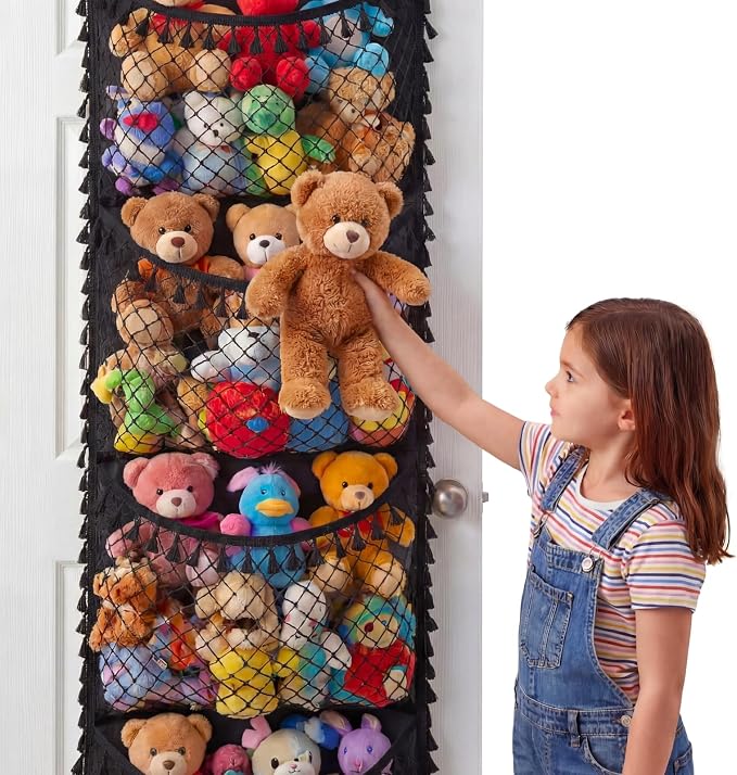Over The Door Stuffed Animal Storage, Tassel | Toy Organizer for Storage Plush Toys, Stuffed Animal Holder with 4 Large Pockets, Hanging Door Organizer for Nursery