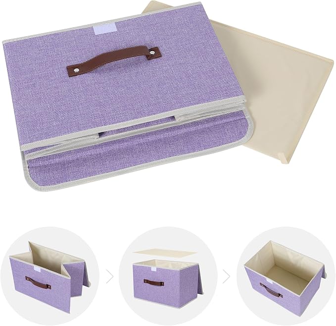 ANMINY Fabric Storage Box Bins with Lids, Purple, 15"x10"x10" | Keepsake Memory Storage, Cotton Linen, PP Board Reinforced, Washable, PU Handles, Foldable & Stackable, Decorative, Large