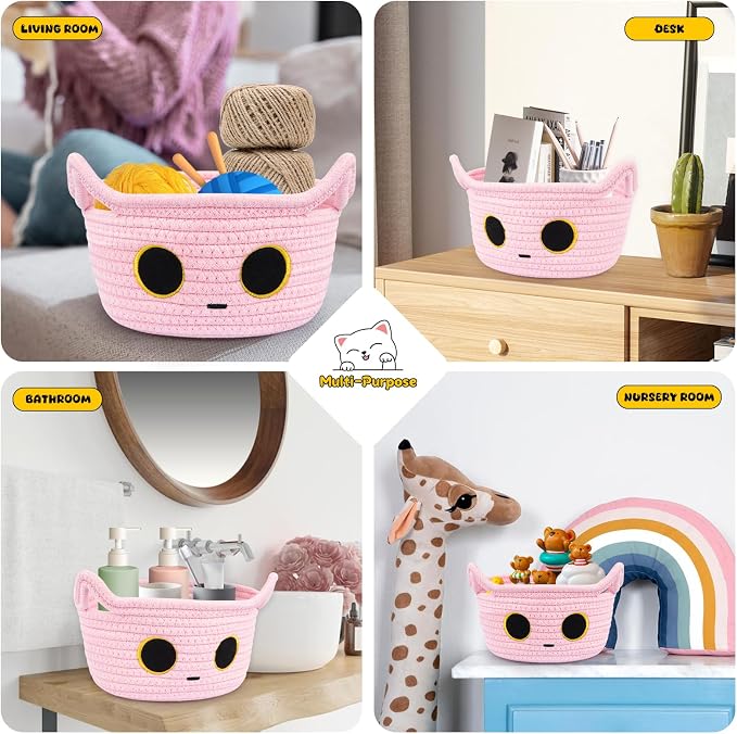 Small Storage Cute Cat Basket, Pink Cotton Rope Woven Basket for Nursery | Blanket Basket Baby Toy Storage Organizer With Ears for Gifts Cat Dog Bin Toys 8.5×4.5 inches