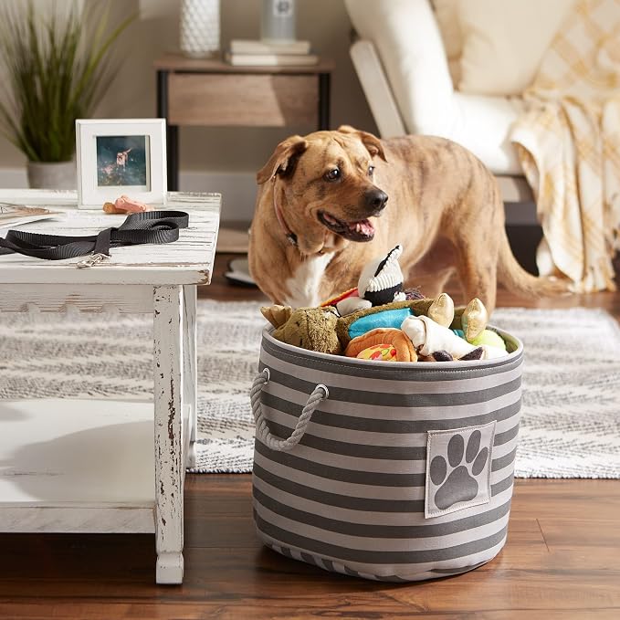 Bone Dry Pet Storage Collection Striped Paw Patch Bin, Medium Round, Gray