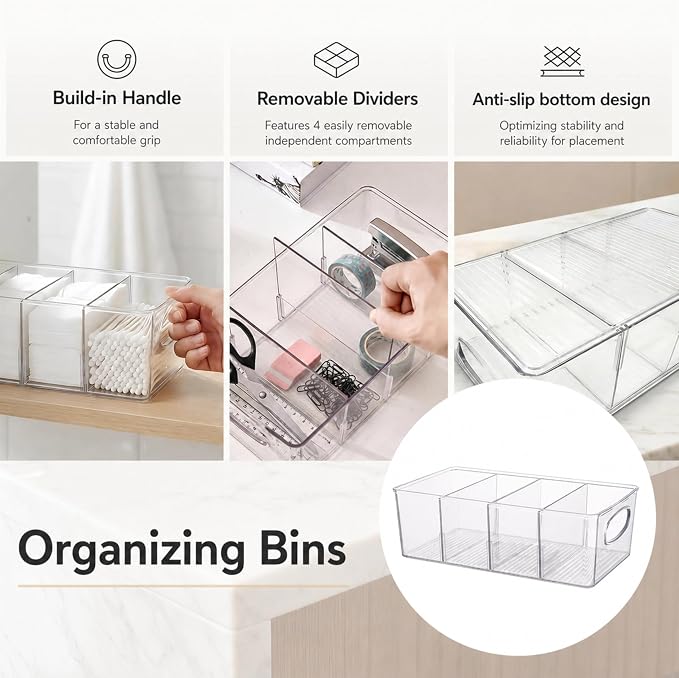 Clear Plastic Storage Bins with Removable Dividers – Pantry Snack Organizer, Kitchen Pantry Organizers and Storage, Snack Drawer Organizer, Fridge Organizer (4 Pack)