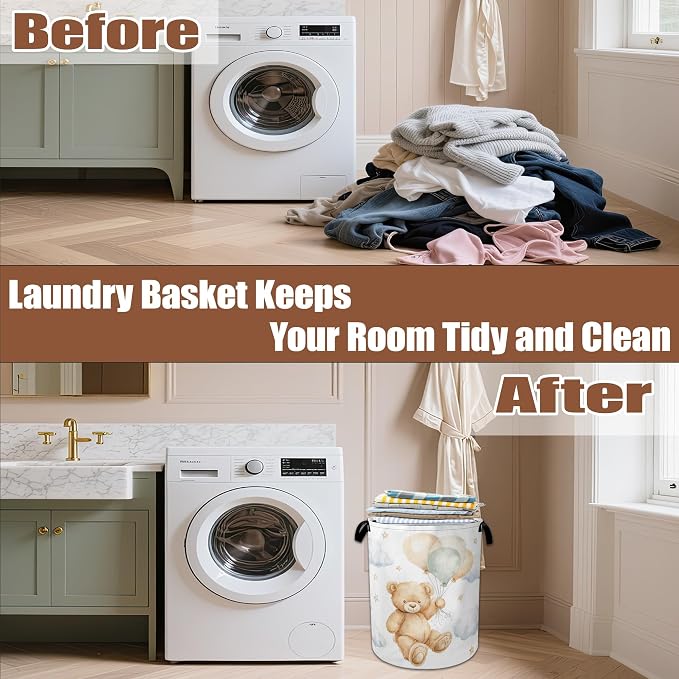 Cute Bear Laundry Basket,Waterproof Foldable Laundry Hamper,Dirty Clothes Laundry Basket, Linen Bin Storage Organizer Collection 16" x 20.8"