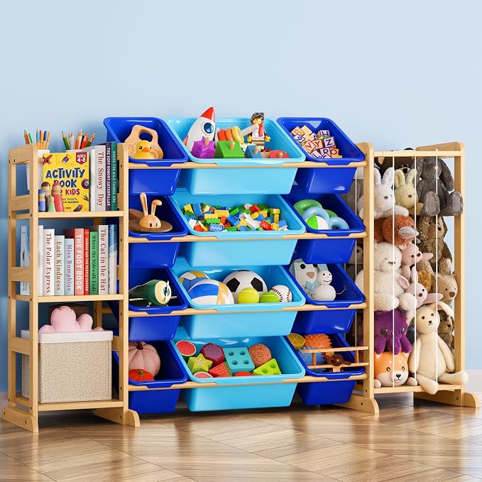 Toy Storage Organizer with Bookshelf and Stuffed Animal Storage - Kids Playroom Organization with Shelves and 12 Toy Bins - Toddler Living Room Toy Box for Lego - Nursery Bedroom Decor Essential
