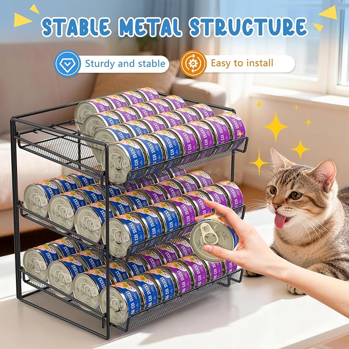 Cat Food Can Organizer 3-Tier Can Organizer for Pantry 84 Cans 3.5oz | Black metal 3-tier cat food can organizer,Holds 84 cans 3.5oz,Adjustable pantry countertop storage for kitchen cabinet