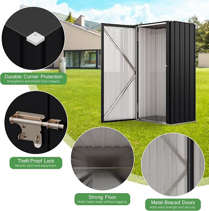 Devoko 22 Cuft Vertical Storage Shed Without Adjustable Shelves, Black | Metal Tool Garden Outdoor Storage Cabinet with Lockable Door for Patio Garden Backyard, Black
