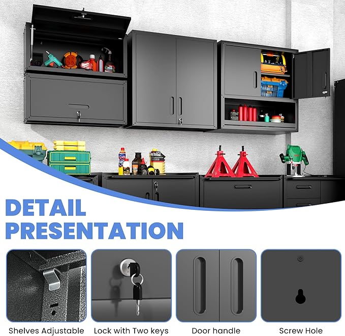 Metal Storage Cabinet for Garage, Tool Cabinet, Utility Cabinet | Wall Mounted, Hanging Tool Cabinet, Lockable, 2 Doors, Open Storage Compartment, Assembly Required, Black