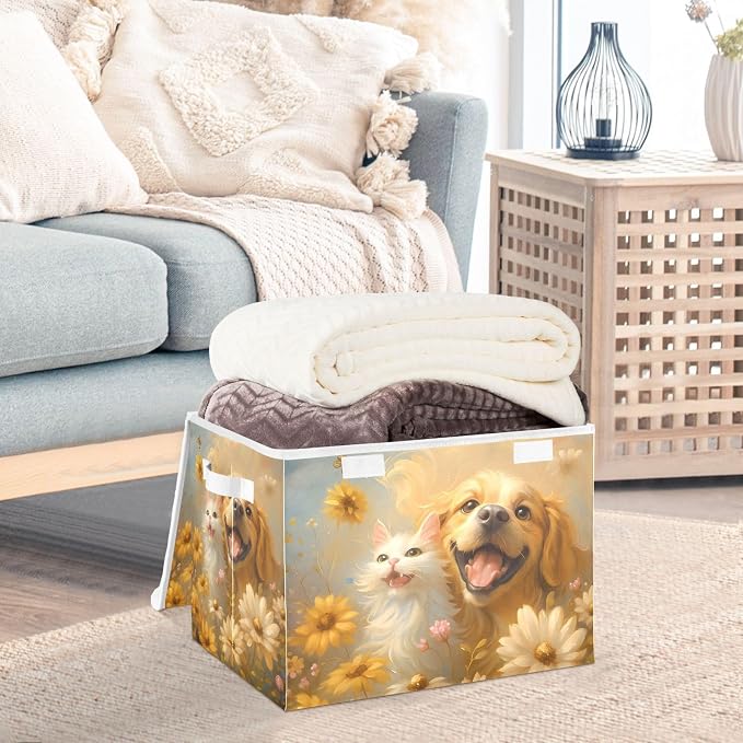 Storage Bins with Lid Golden Retriever Foldable Storage Boxes 40L Baskets | Decorative Storage Boxes, Dust-Proof Flip Top, Reinforced Handles, For Home & Bedroom, Clothes & Toy Box, Oxford Fabric Print