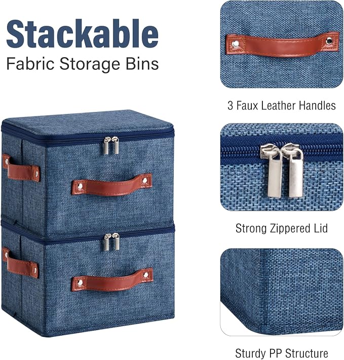 Storage Bin Box with Zippered Lid Decorative Collapsible Basket | Cotton Linen Fabric, Washable, Foldable, Stackable, Closet Shelf Organizer, with PU Leather Handles, Denim Blue-Small