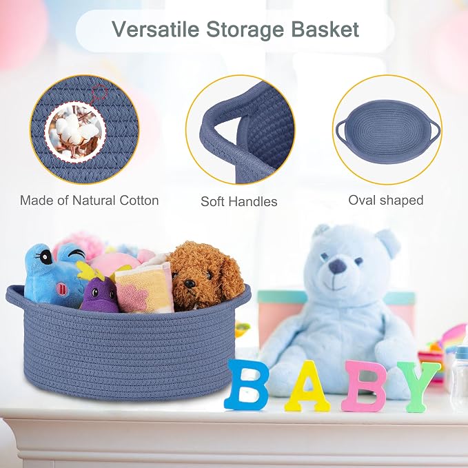 COMSE Empty Small Gift Basket with Bag & Ribbons, Folkstone Gray | Cotton Rope, 12"x 8"x 5", Baby Toy Organizer, Stores Small Items for Bedrooms, Nurseries, Bathrooms, Living Rooms, Offices