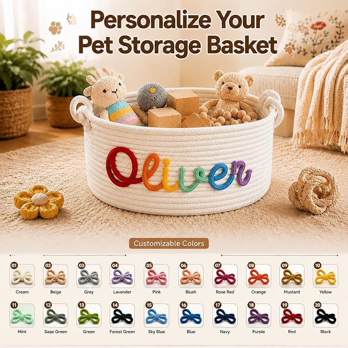 Personalized Dog Cat Toy Basket with Name | Custom Handwoven Cotton Rope Pet Toy Storage Basket for Dogs & Cats, Unique Gift for Pet Lovers